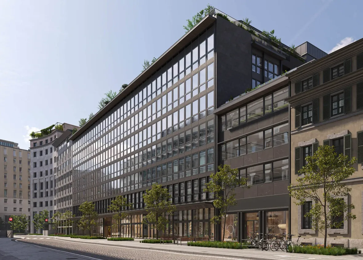 Exterior facade of the building at Corso Europa 18, Milan