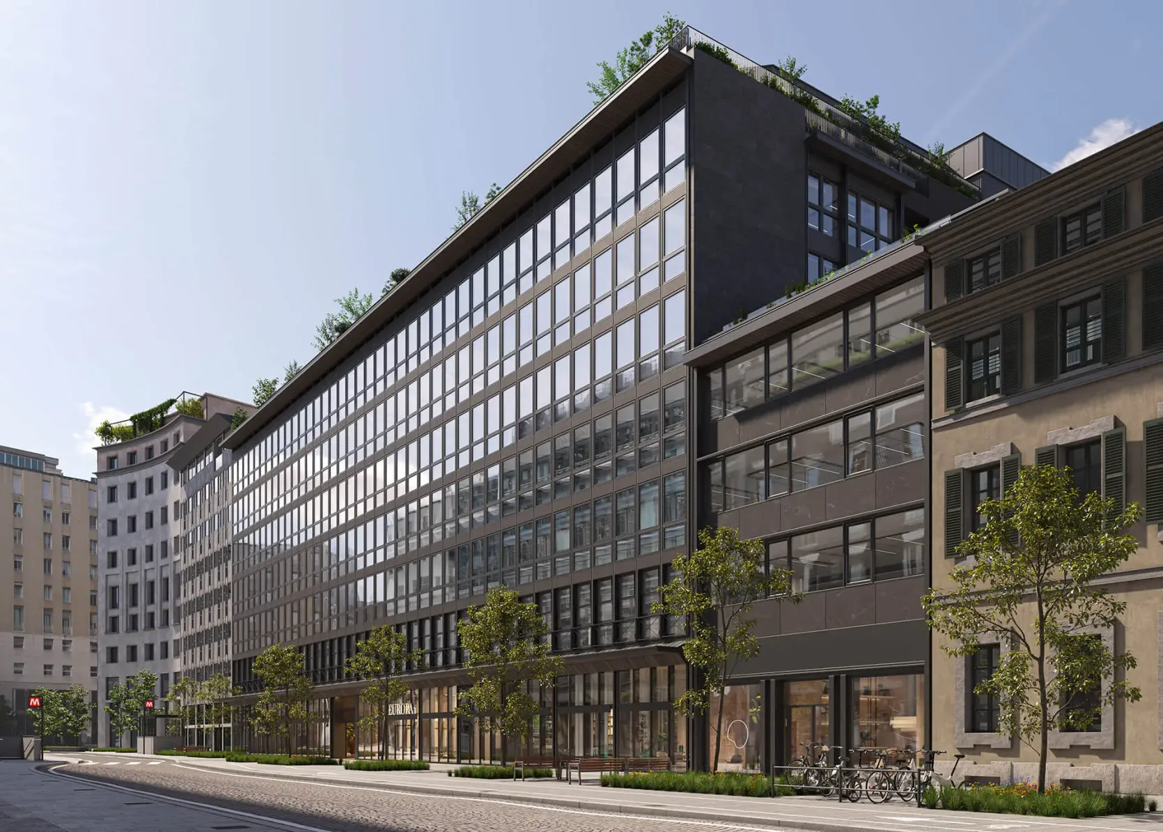 Exterior facade of the building at Corso Europa 18, Milan